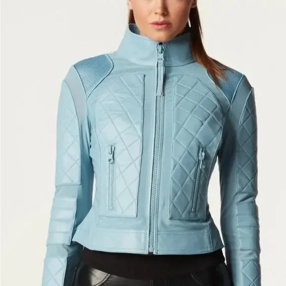 Blanc Noir Blue Leather Moto Mesh Jacket - Picture 4 of 12